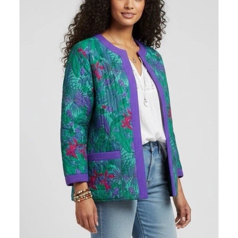 Carpeti Women’s Quilted‎ Open Front Jacket Tropical Floral Green Purple Large